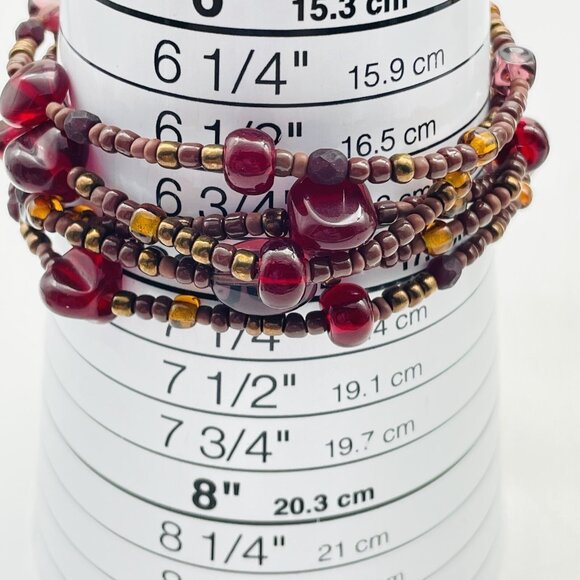 Vintage Multi-Strand Red Beaded Stretch Bracelet with Antiqued Gold Tone Accents - Picture 4 of 6